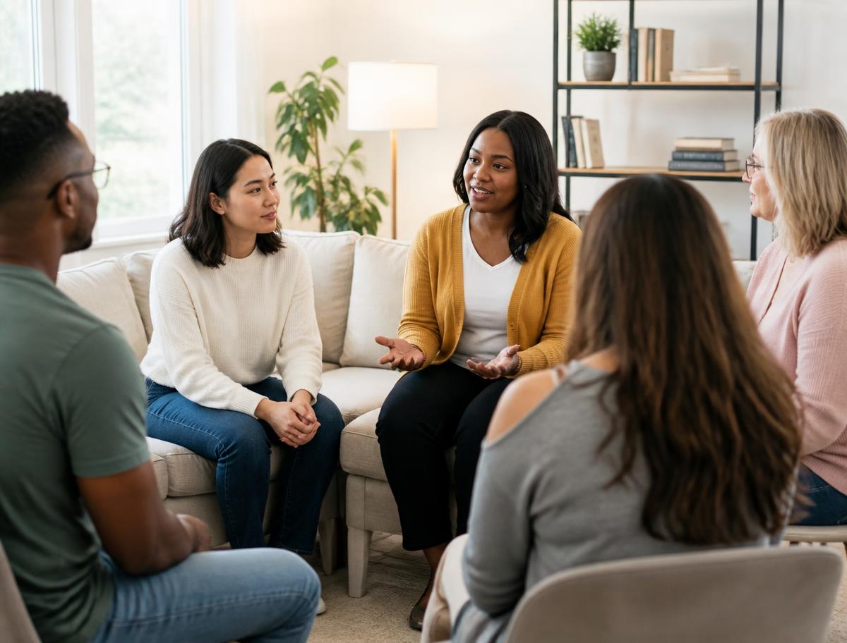 Adults sitting together in a bright living room having a supportive conversation