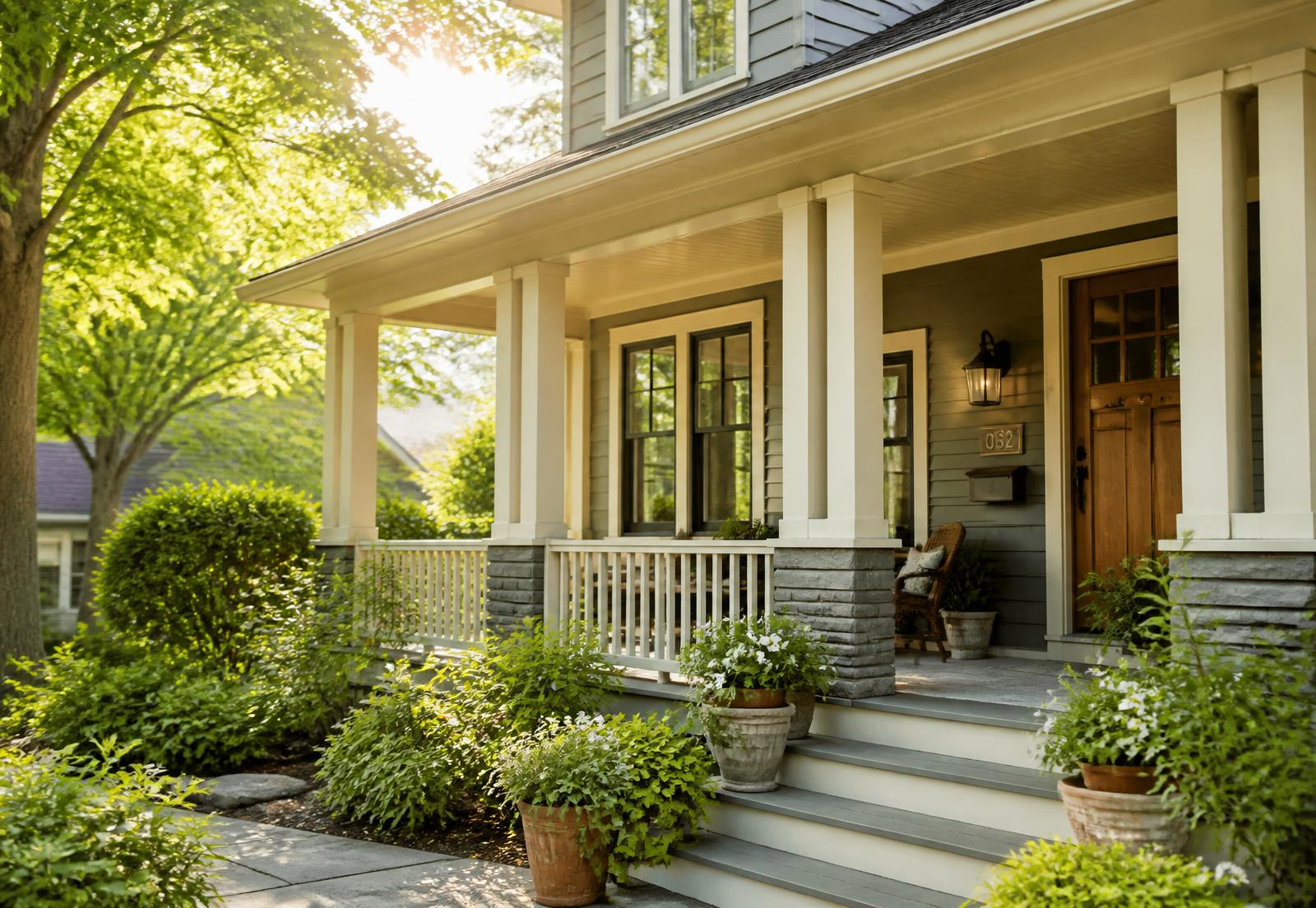 Sunlit front porch of a peaceful residential home surrounded by trees